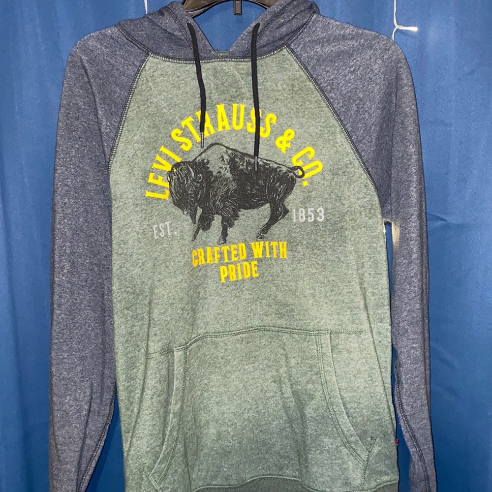 Levi’s Levi Strauss Hoodie Mens Small Green Navy Long Sleeve Front Pouch Pocket